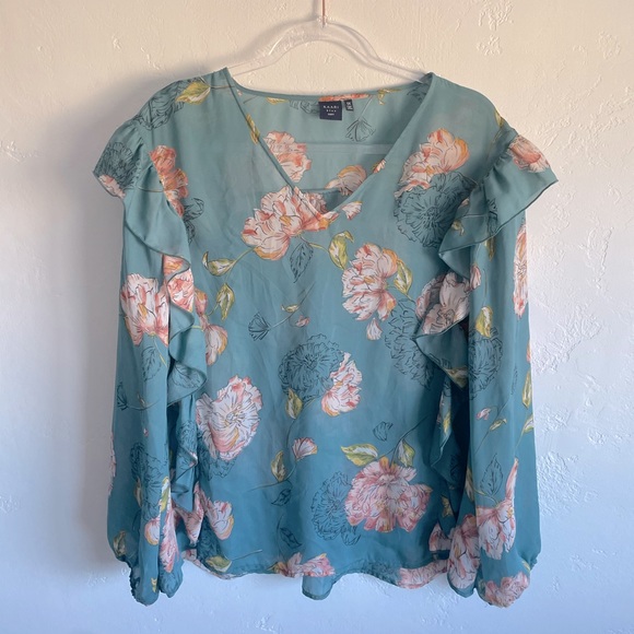 Kaari Blue Tops - Floral blouse sheer ruffle details long sleeve v neck 1X NWOT Kaari Blue